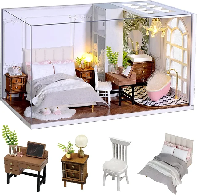 CUTEROOM Enjoyable Life miniature bedroom inside its clear cover