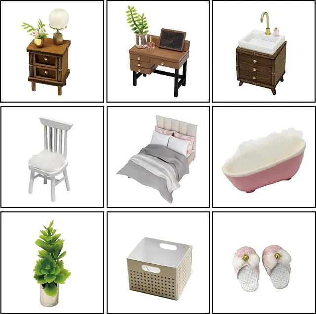 CUTEROOM Miniature bedroom furniture and accessories arranged separately