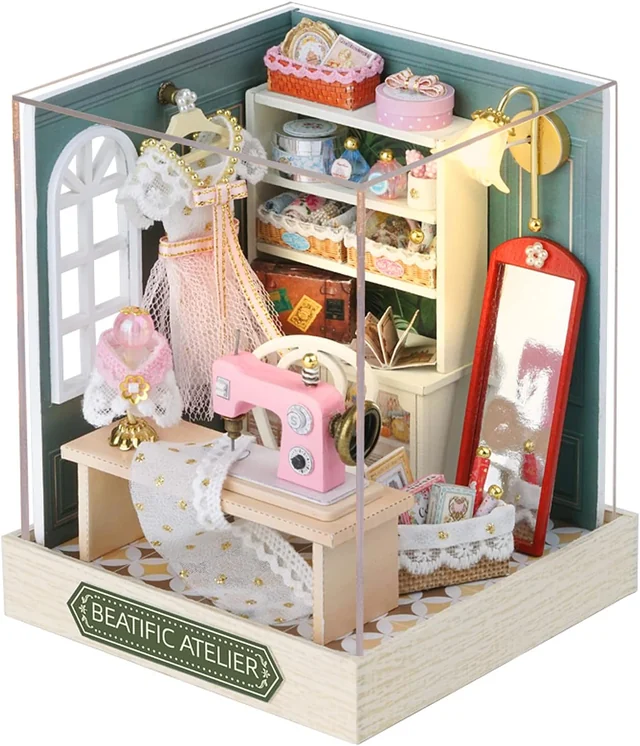 CUTEROOM Beatific Atelier miniature sewing studio inside its clear cover