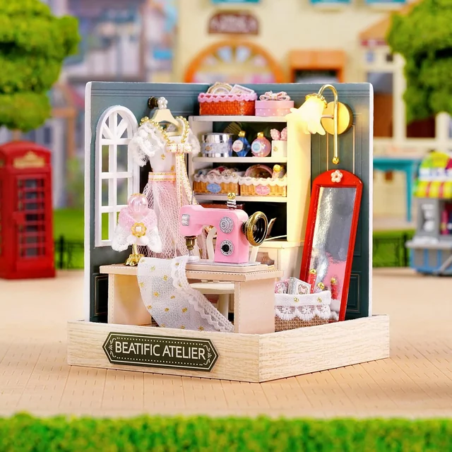 CUTEROOM Beatific Atelier with its pink sewing machine and fabric shelves