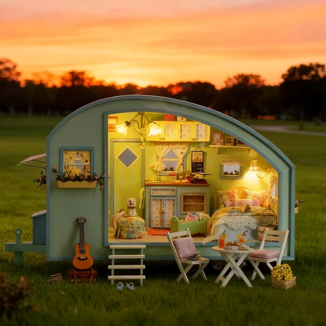 CUTEROOM Illuminated Caravan miniature home photographed at sunset